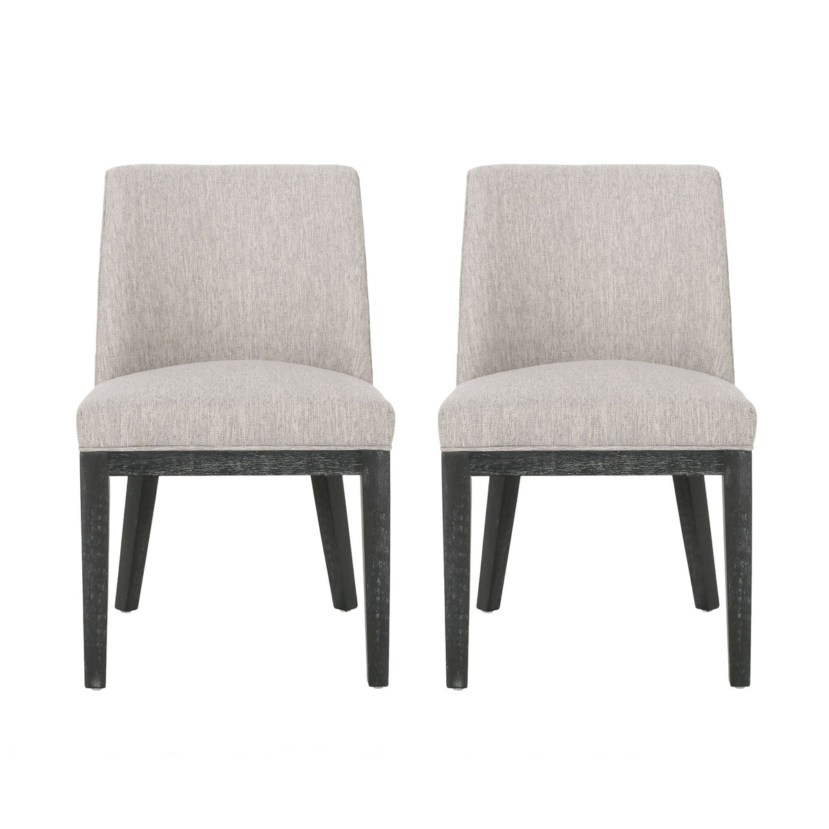 Modern dining chair set with two gray fabric upholstered chairs and wooden frames on Tampa Home & Garden Store