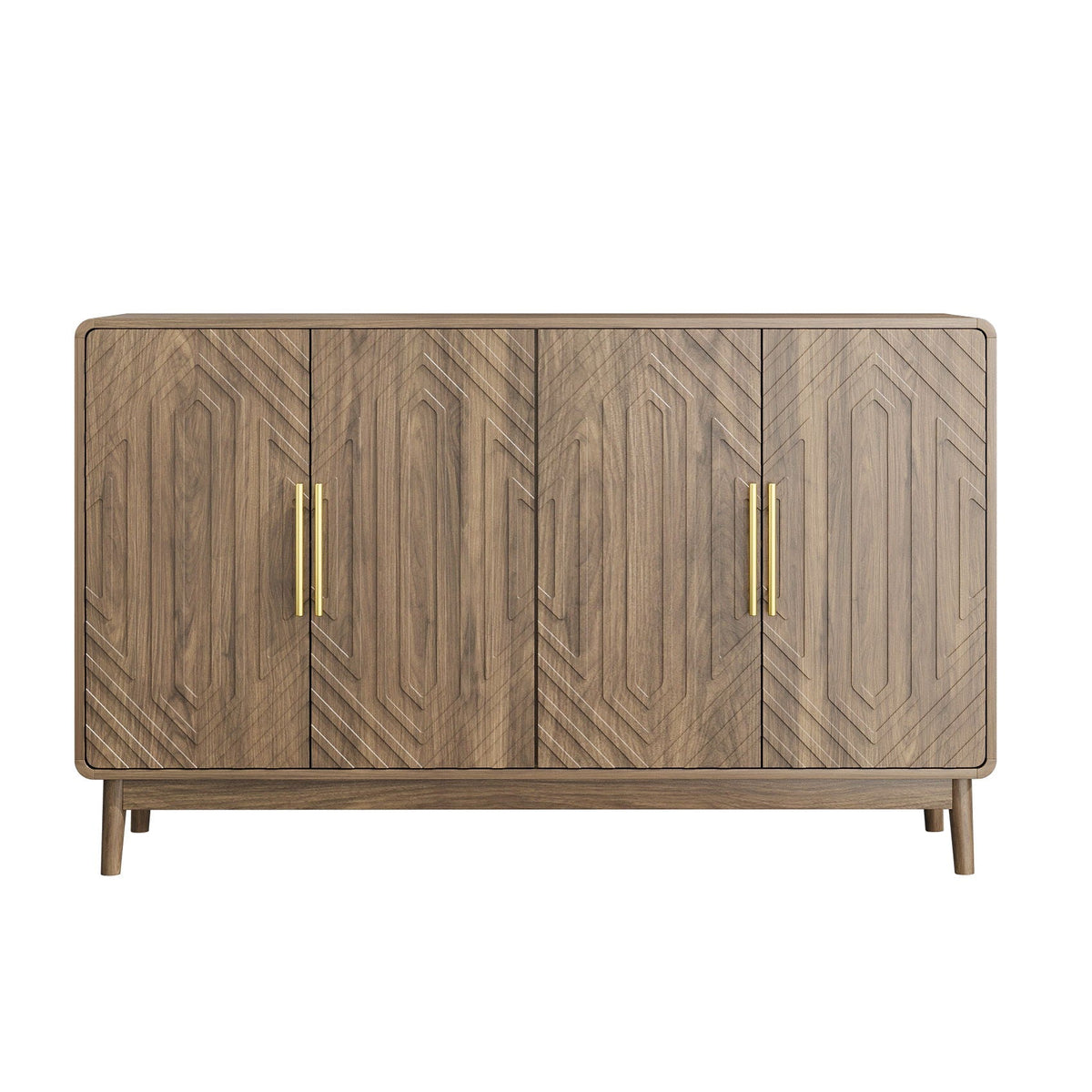 Sideboard Buffet Cabinet dark brown wood with carved chevron doors and gold handles four doors on Tampa Home & Garden Store