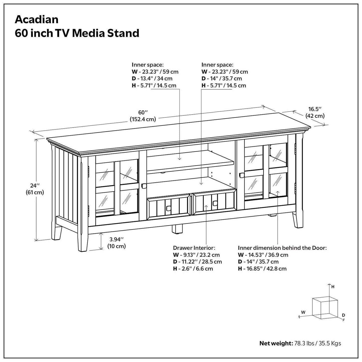 Acadian Media Stand with Glass Doors and Drawers