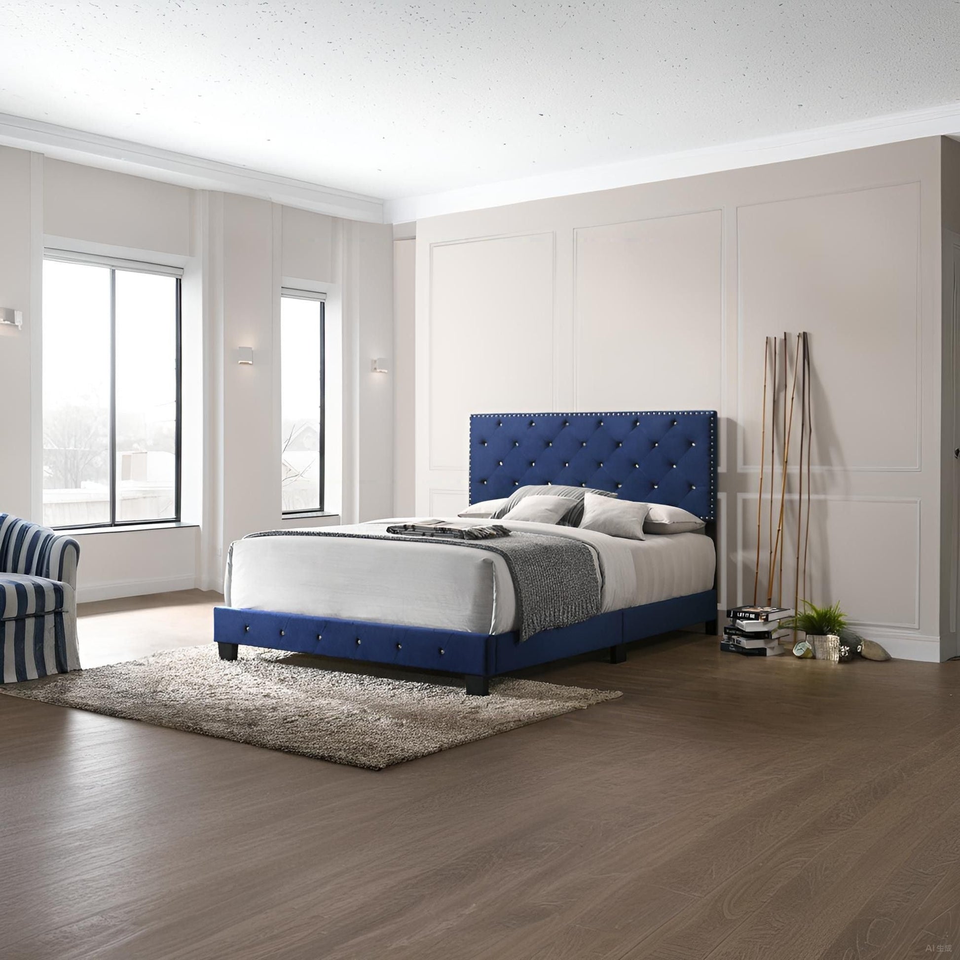 Luxurious Upholstered Bed with blue tufted headboard and gray bedding in a paneled room on Tampa Home & Garden Store