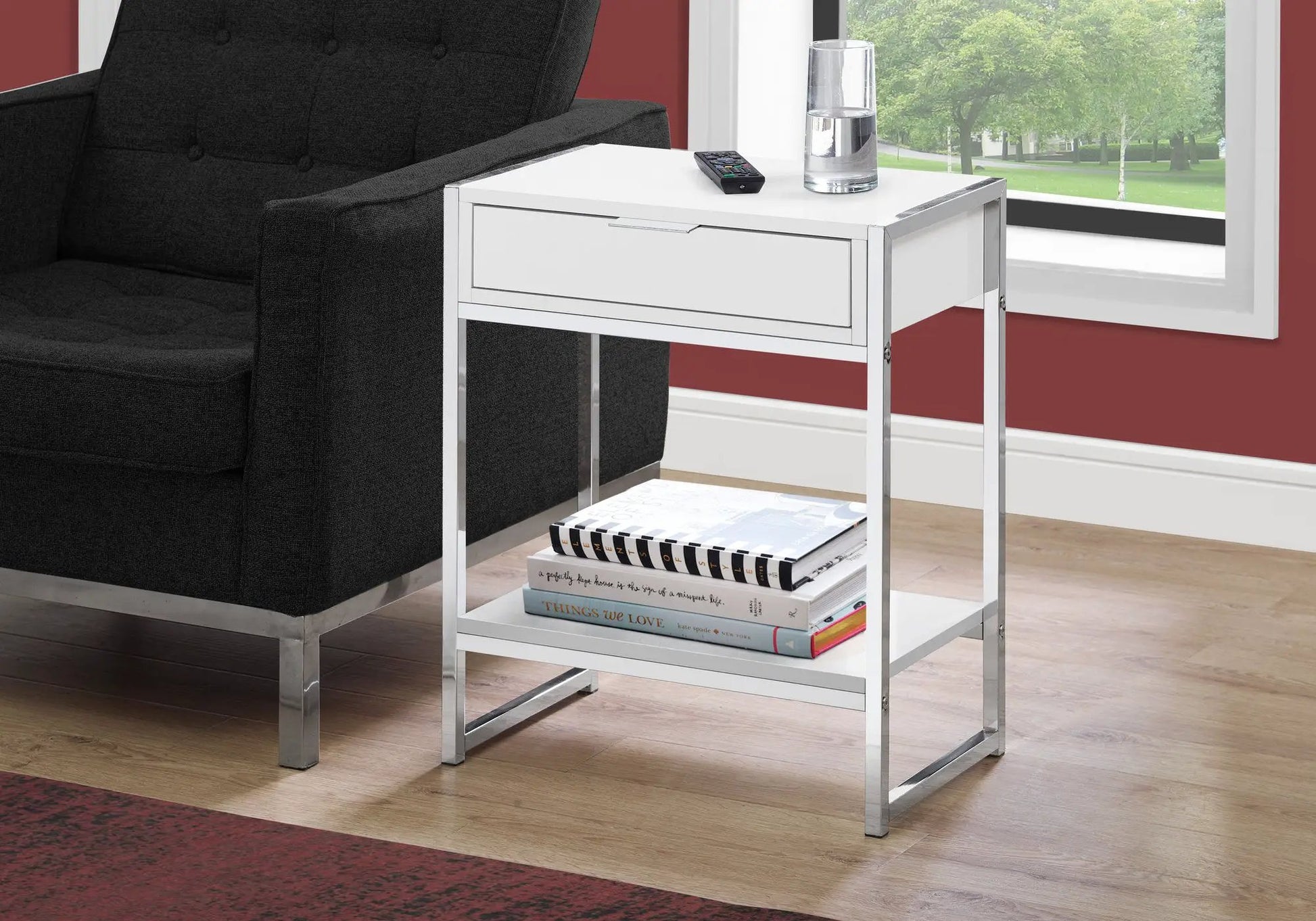 Accent Side Table white chrome frame; drawer by Unique Piece Furniture; remote and glass on top on Tampa Home & Garden Store