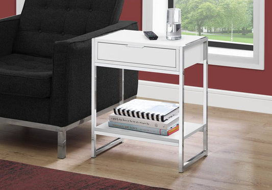 Accent Side Table white chrome frame; drawer by Unique Piece Furniture; remote and glass on top on Tampa Home & Garden Store