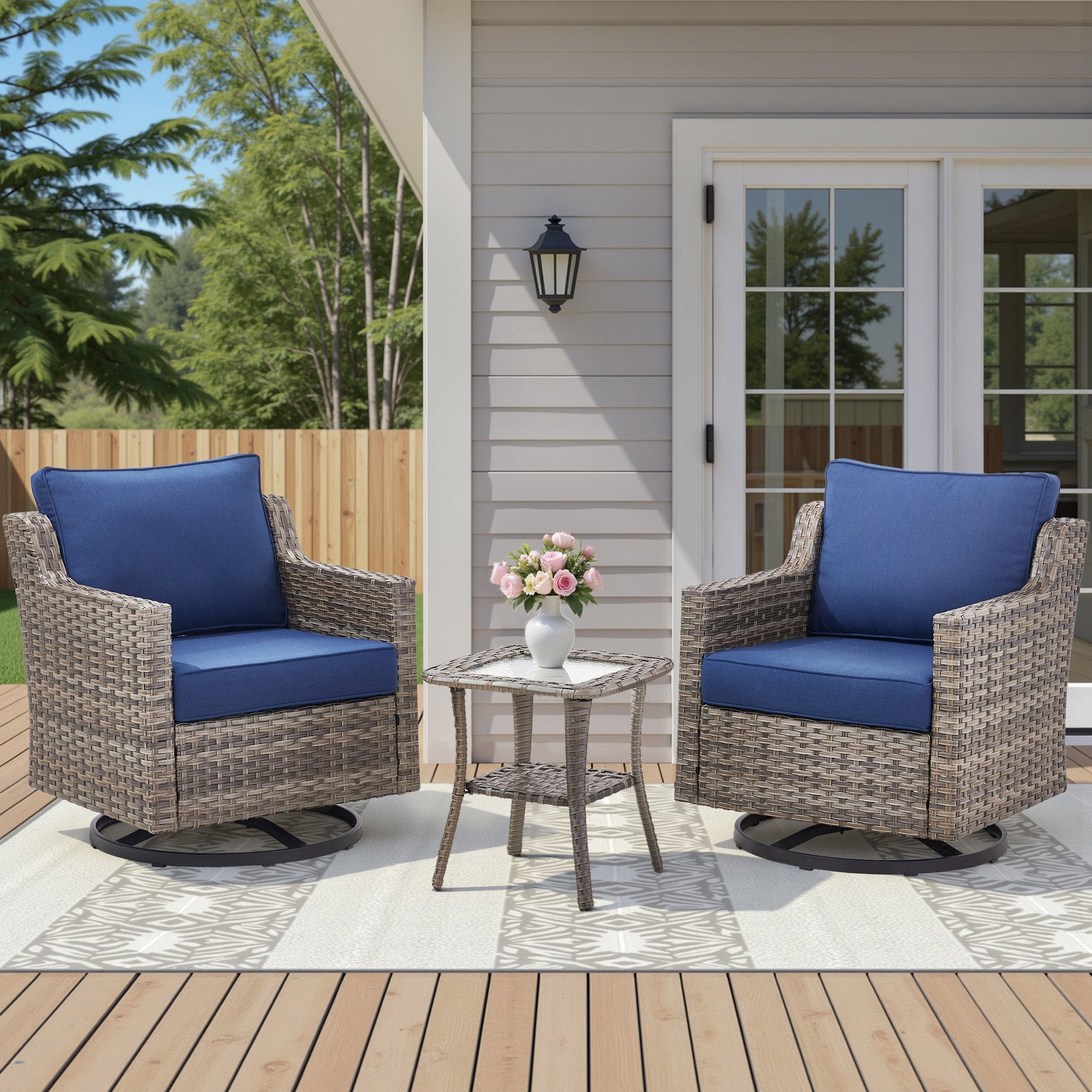 Swivel outdoor chairs set of 2 with glass-top side table, blue cushions, wicker frames on Tampa Home & Garden Store