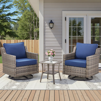 Swivel outdoor chairs set of 2 with glass-top side table, blue cushions, wicker frames on Tampa Home & Garden Store