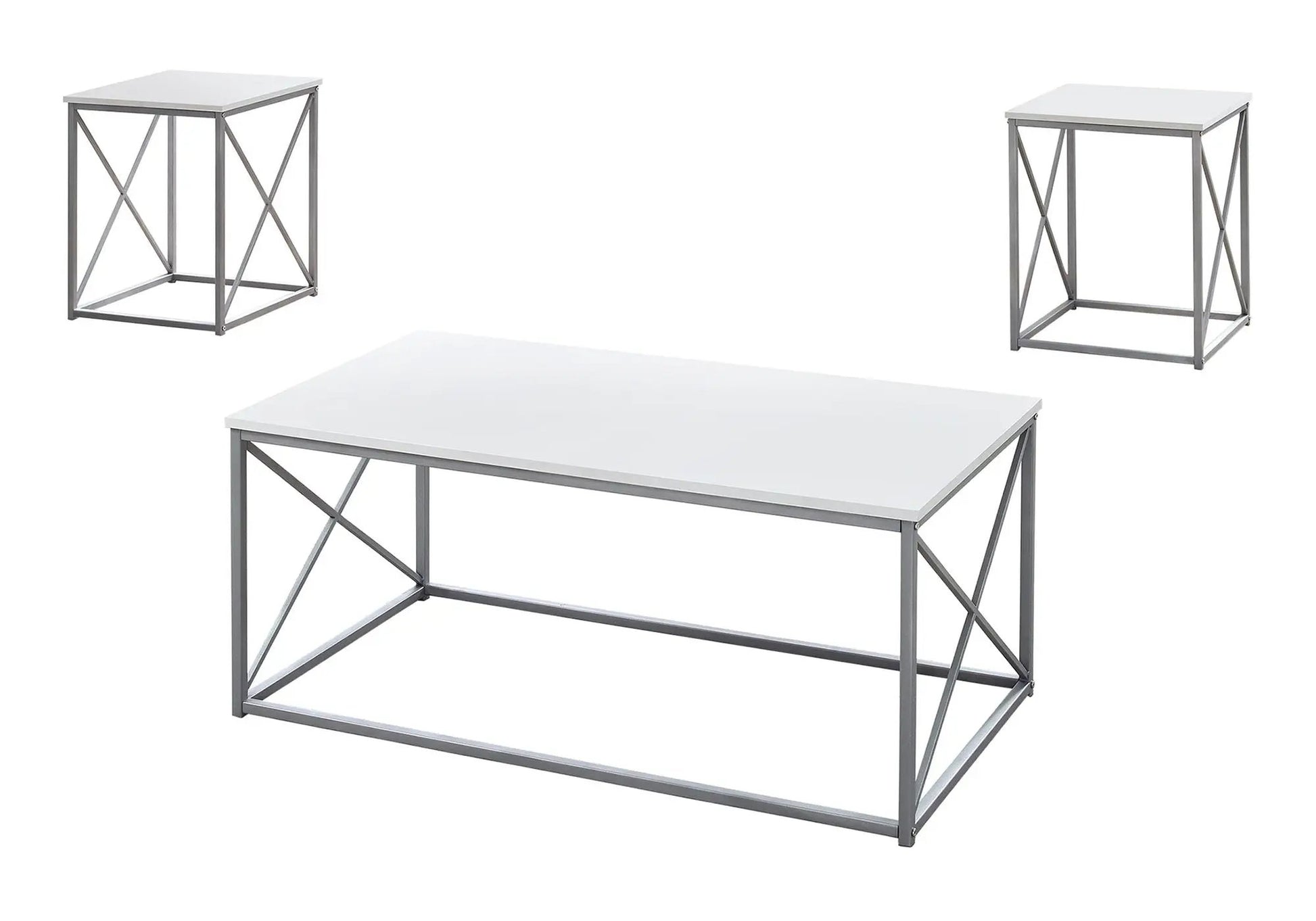 Table set of 3: white-top coffee table and two end tables in silver frames on Tampa Home & Garden Store
