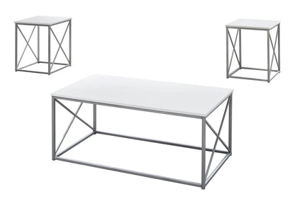 Table set of 3: white-top coffee table and two end tables in silver frames on Tampa Home & Garden Store