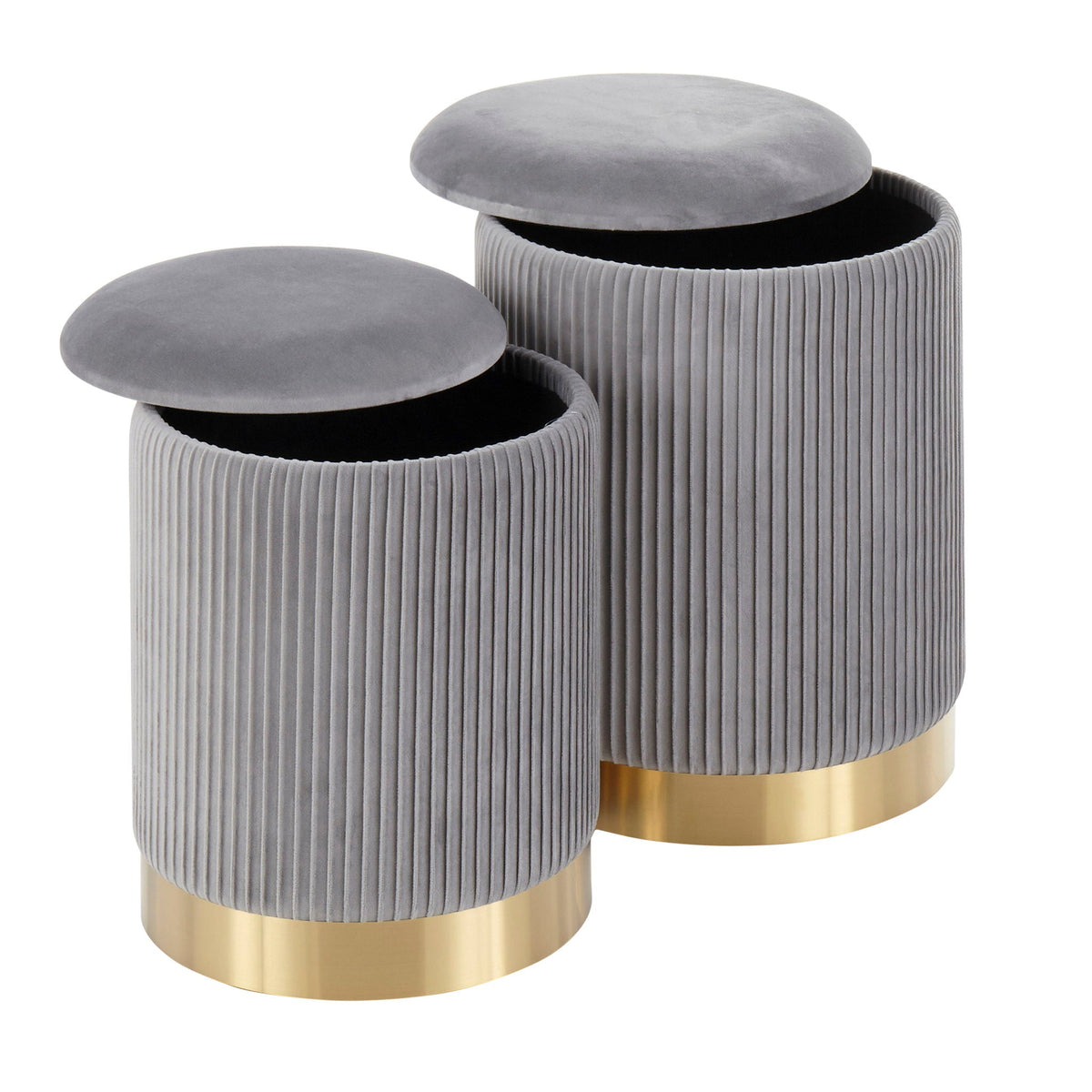 HouseOfZazla nesting pleated ottomans set in gray velvet with gold bases, two stools on Tampa Home & Garden Store