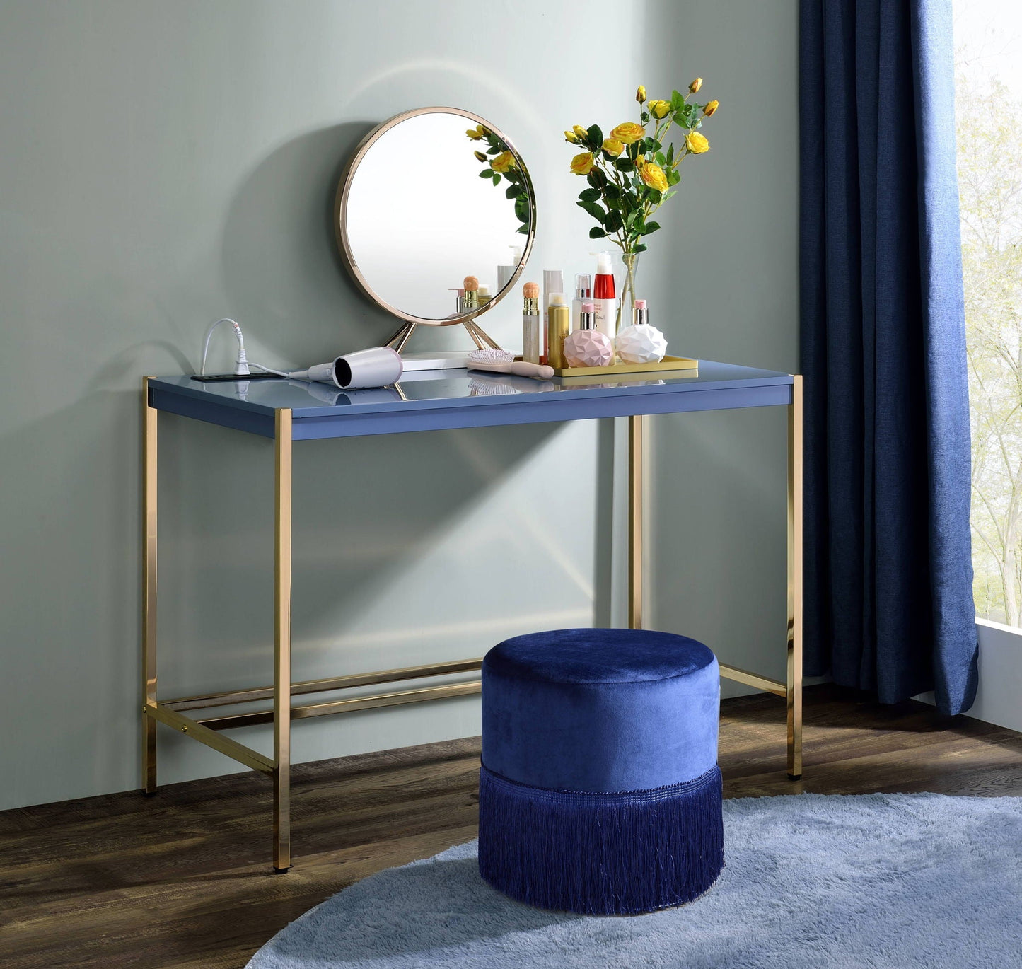 Midriaks Writing Desk with USB, blue desk with gold frame and round mirror on Tampa Home & Garden Store