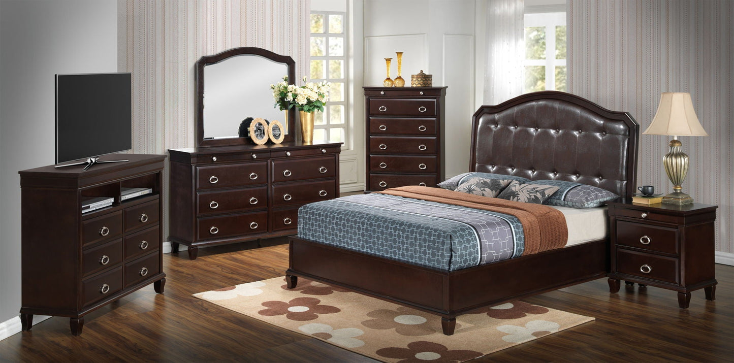 Bed with transitional panel design in dark espresso wood with tufted headboard by HouseOfZazla on Tampa Home & Garden Store