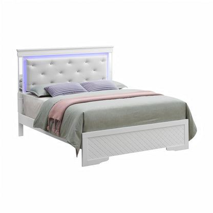 Bed by HouseOfZazla with LED-lit headboard, white tufted upholstered bed with crystal buttons on Tampa Home & Garden Store