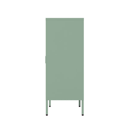 Accent cabinet with adjustable shelves in sage green steel finish on Tampa Home & Garden Store