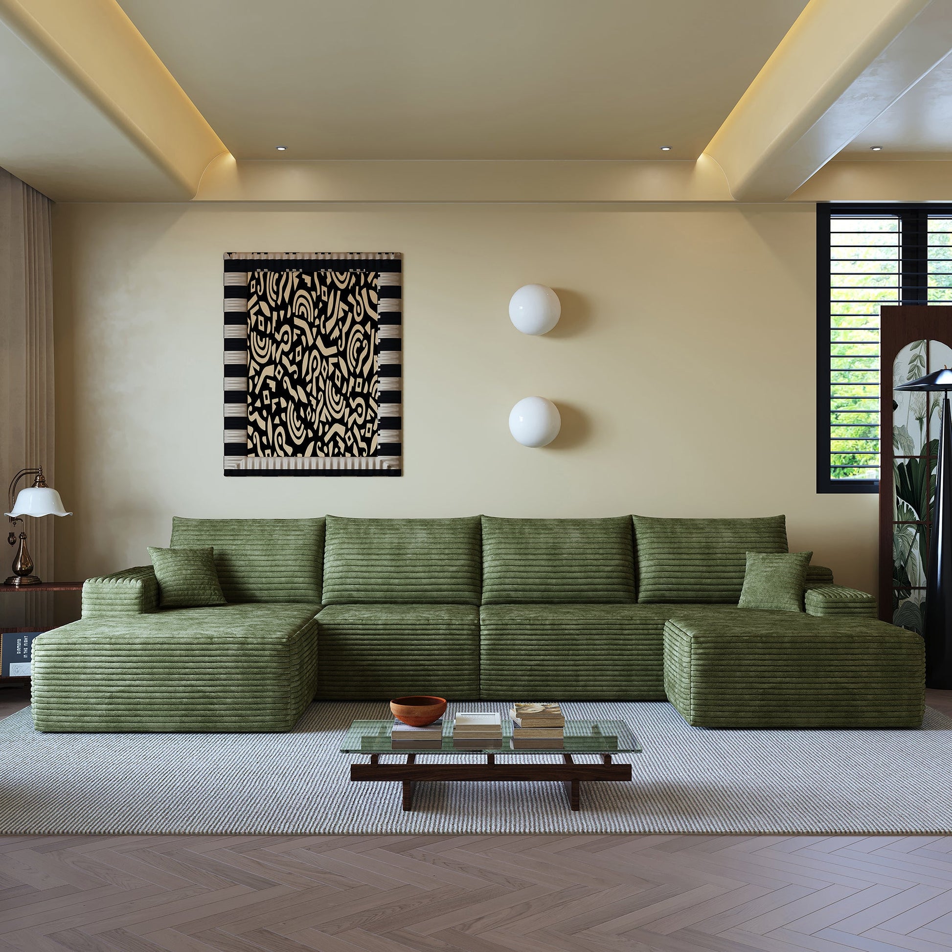 Cloud 135in sectional sofa with 1 ottoman in sage green ribbed fabric by HouseOfZazla on Tampa Home & Garden Store