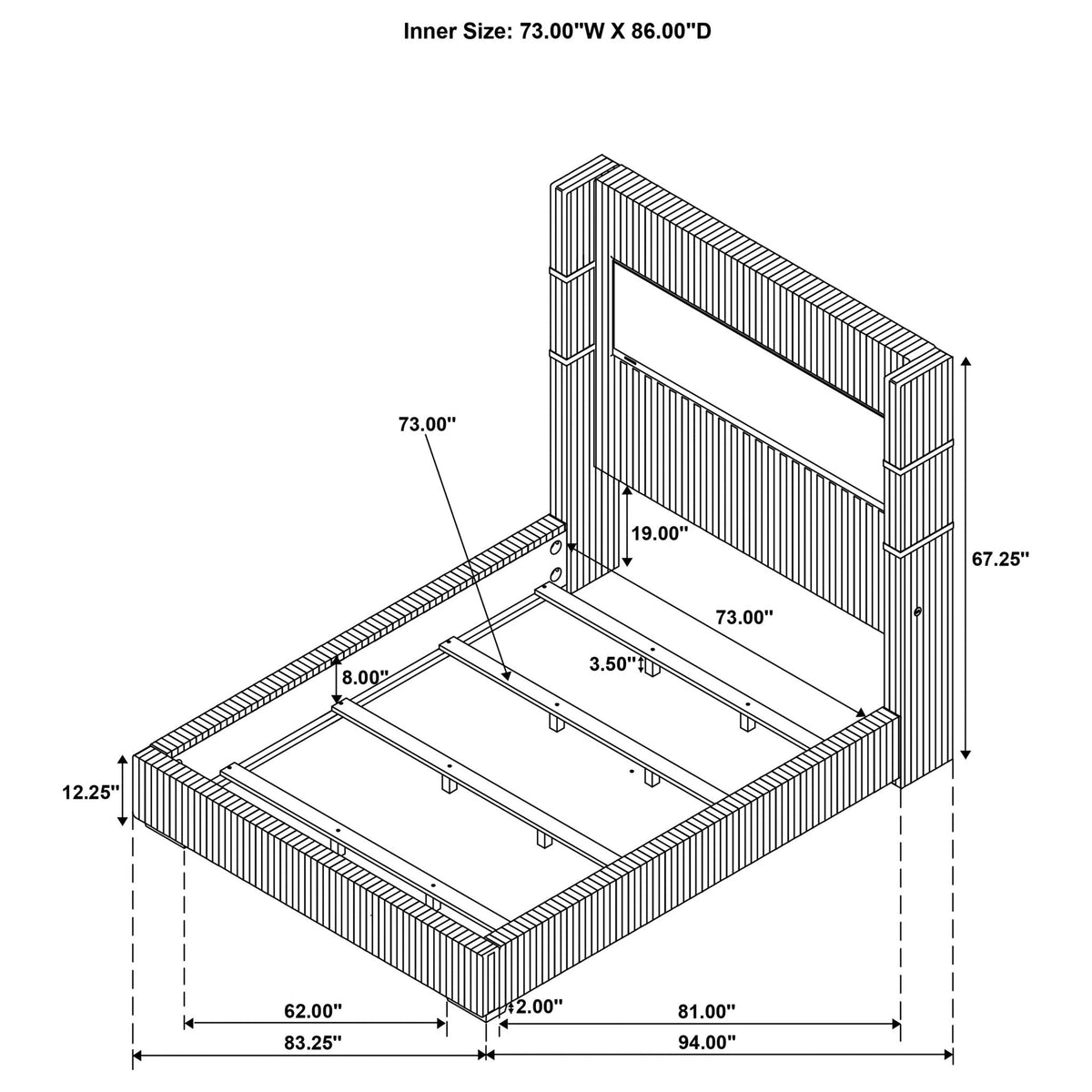 Judah Flame Visualizer Bed isometric blueprint of upholstered bed frame with slatted headboard on Tampa Home & Garden Store