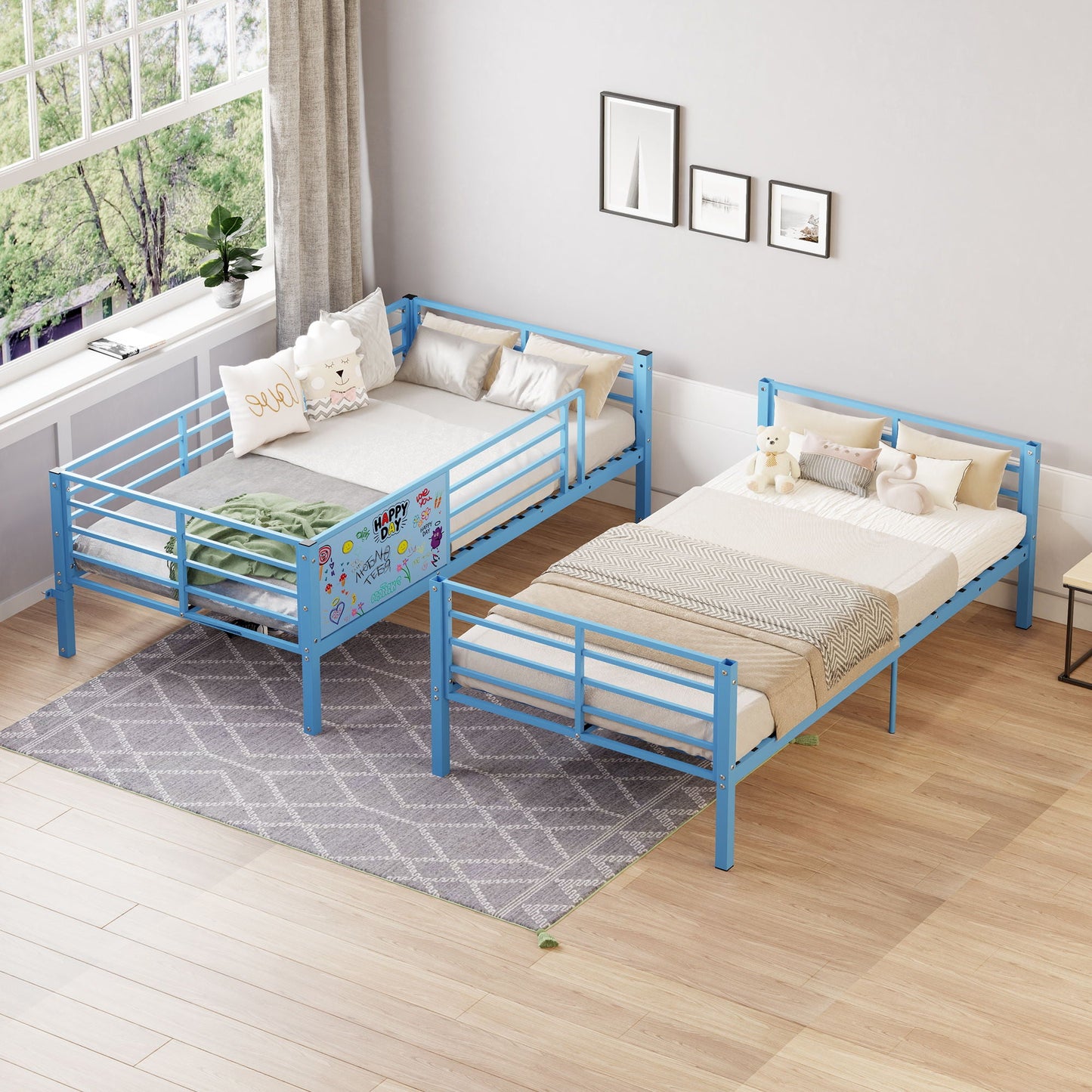 Bunk bed blue with ladder, full-length guardrails; convertible to 2 separate twin beds, no box spring needed HouseOfZazla on Tampa Home & Garden Store