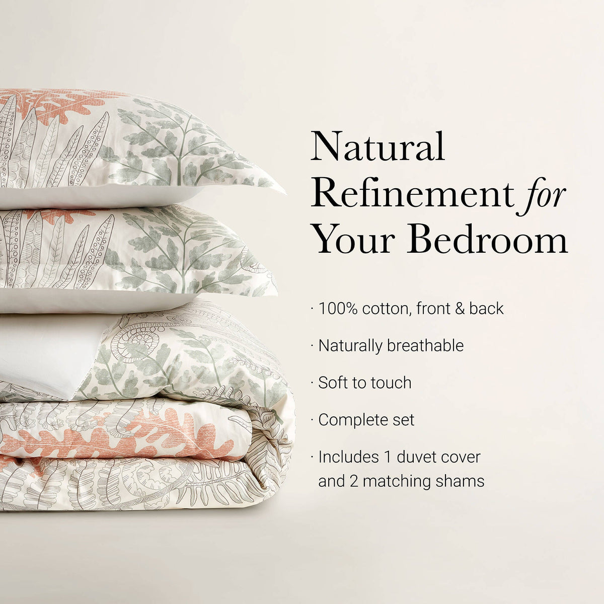 Cotton sateen duvet cover set for full/queen with coral gray leaves 2 shams on Tampa Home & Garden Store