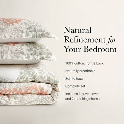 Cotton sateen duvet cover set for full/queen with coral gray leaves 2 shams on Tampa Home & Garden Store