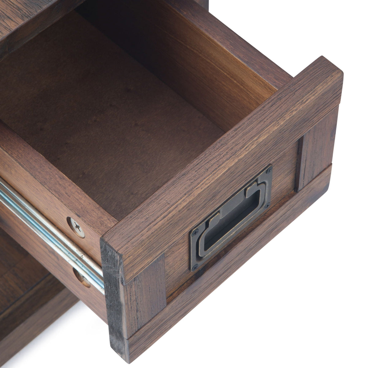 Monroe solid acacia side table in dark walnut finish with visible grain and corner join on Tampa Home & Garden Store