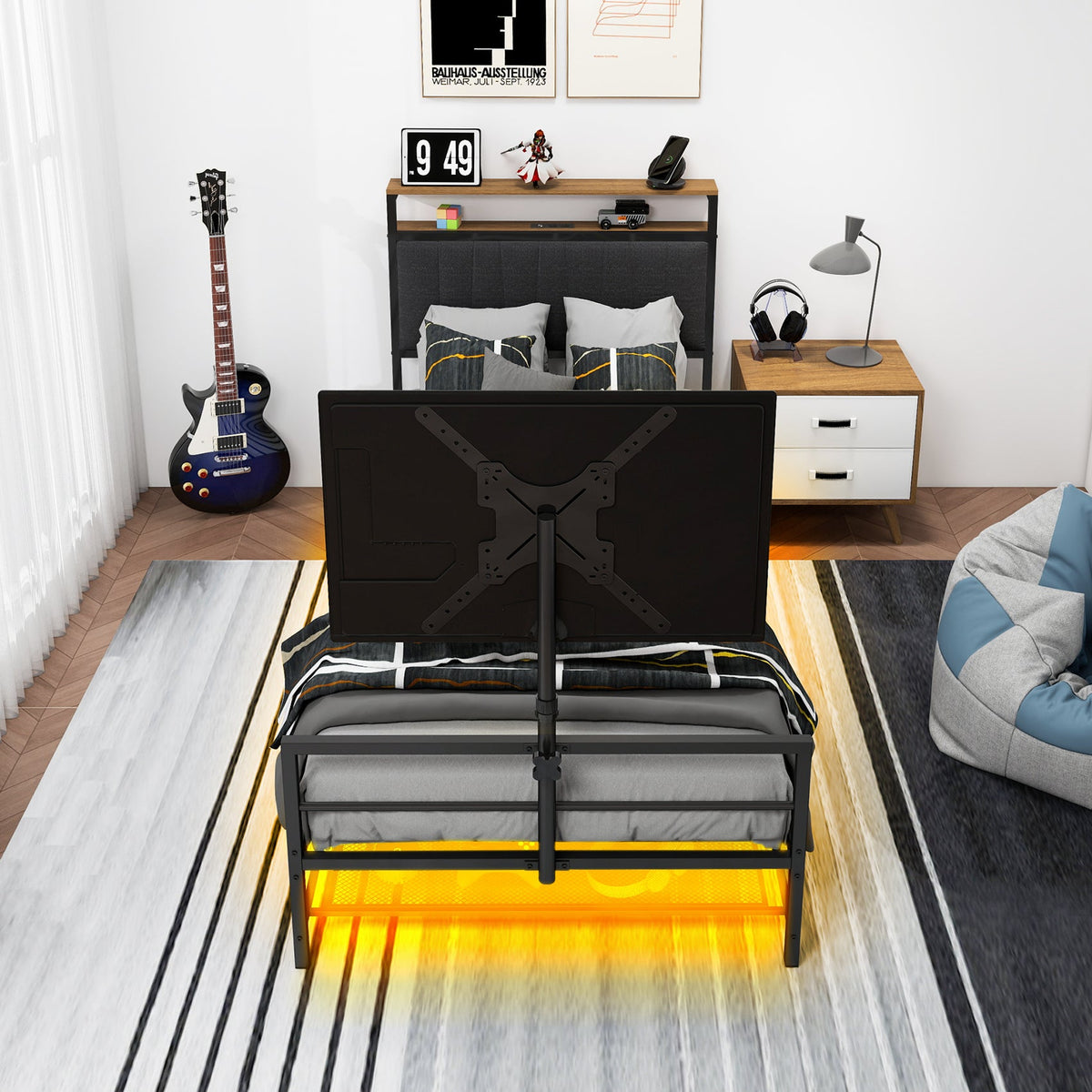 Twin gaming bed with rotating TV mount and LED lighting, black metal frame and wood shelf on Tampa Home & Garden Store
