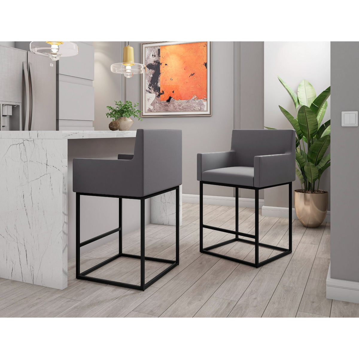 Ambassador Counter Stool with square frame and arms, gray upholstery, 2 stools HouseOfZazla on Tampa Home & Garden Store