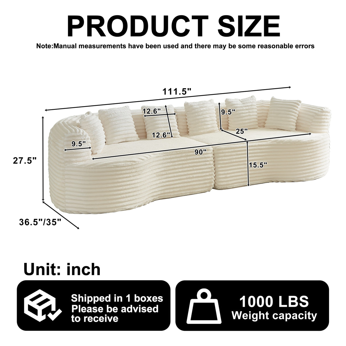 Curved sectional sofa 111.5-inch oversized modern cream fabric HouseOfZazla with plush cushions on Tampa Home & Garden Store