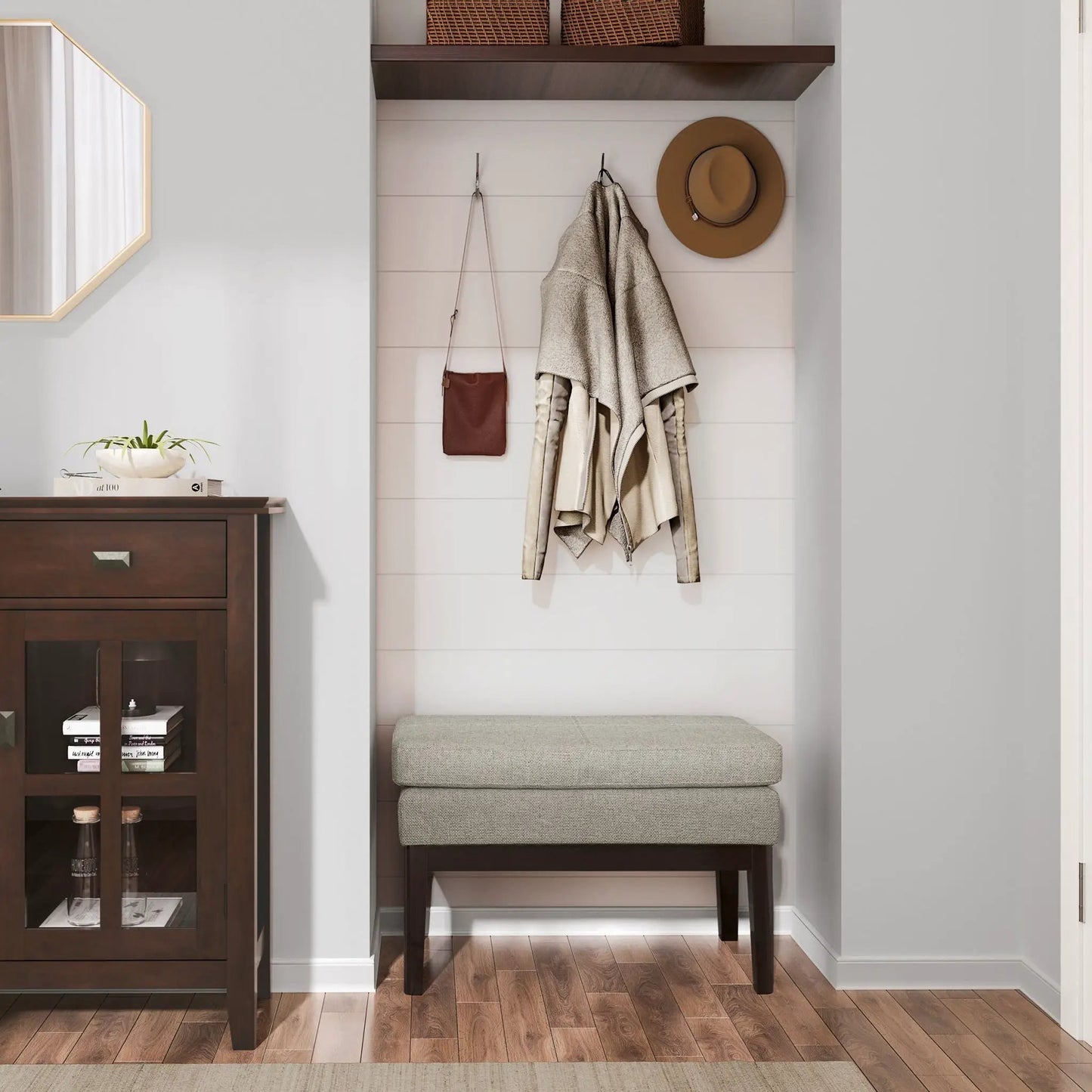 Carlson Ottoman Bench, dark wood frame with gray cushion, midcentury style by Unique Piece Furniture on Tampa Home & Garden Store