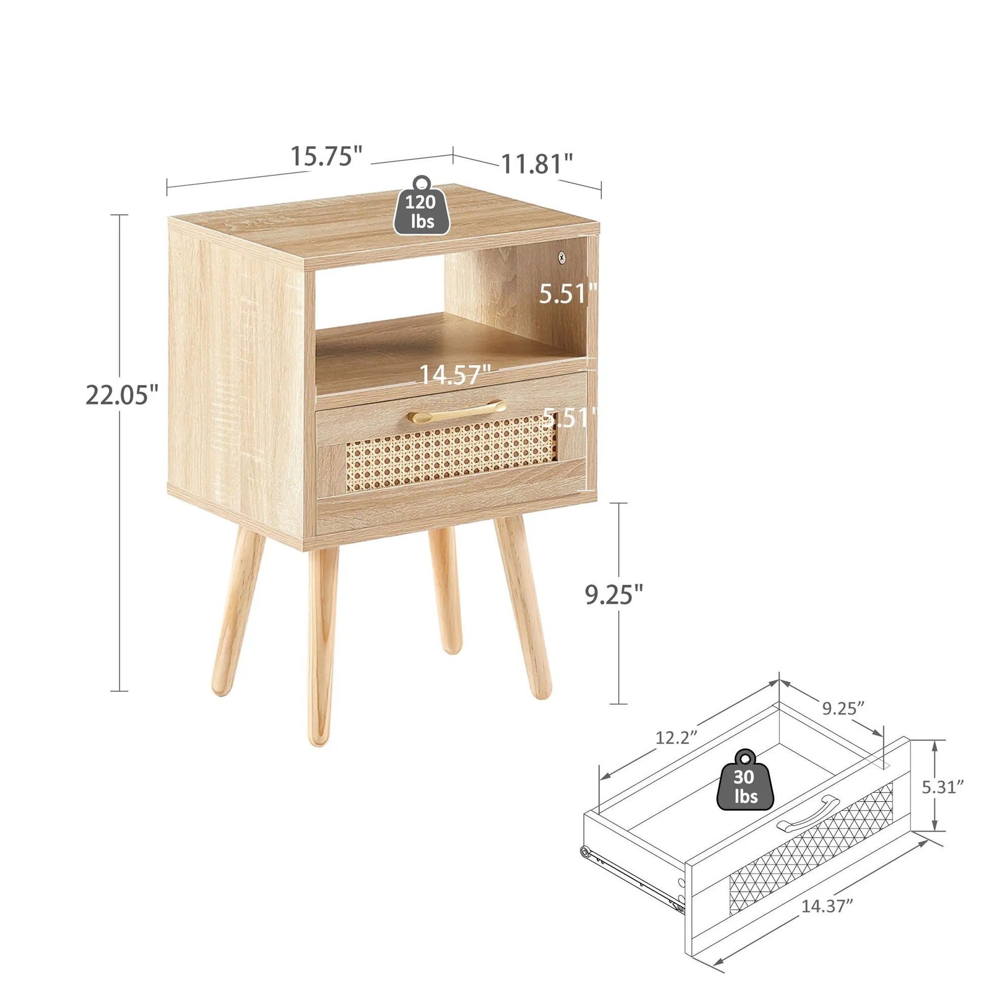 15.75 in Rattan End Table with Drawer and Solid Wood Legs, natural finish, by Unique Piece Furniture on Tampa Home & Garden Store
