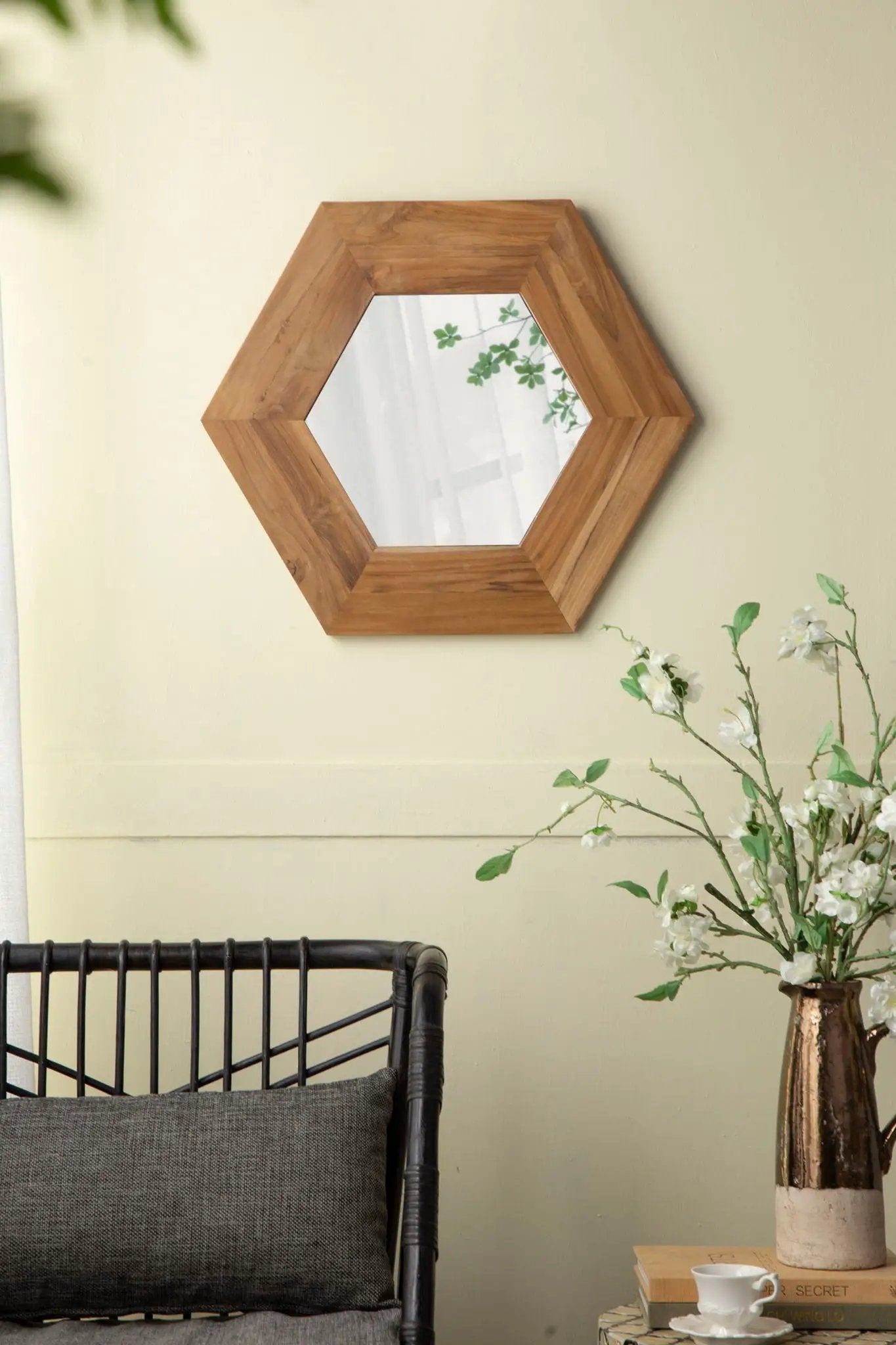Hexagon accent mirror in natural wood frame by Unique Piece Furniture for home wall decor on Tampa Home & Garden Store