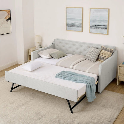 Daybed with pop-up trundle and USB charging armrest in fabric by Unique Piece Furniture on Tampa Home & Garden Store