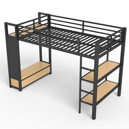 Twin XL Metal Loft Bed With Wardrobe and Shelves