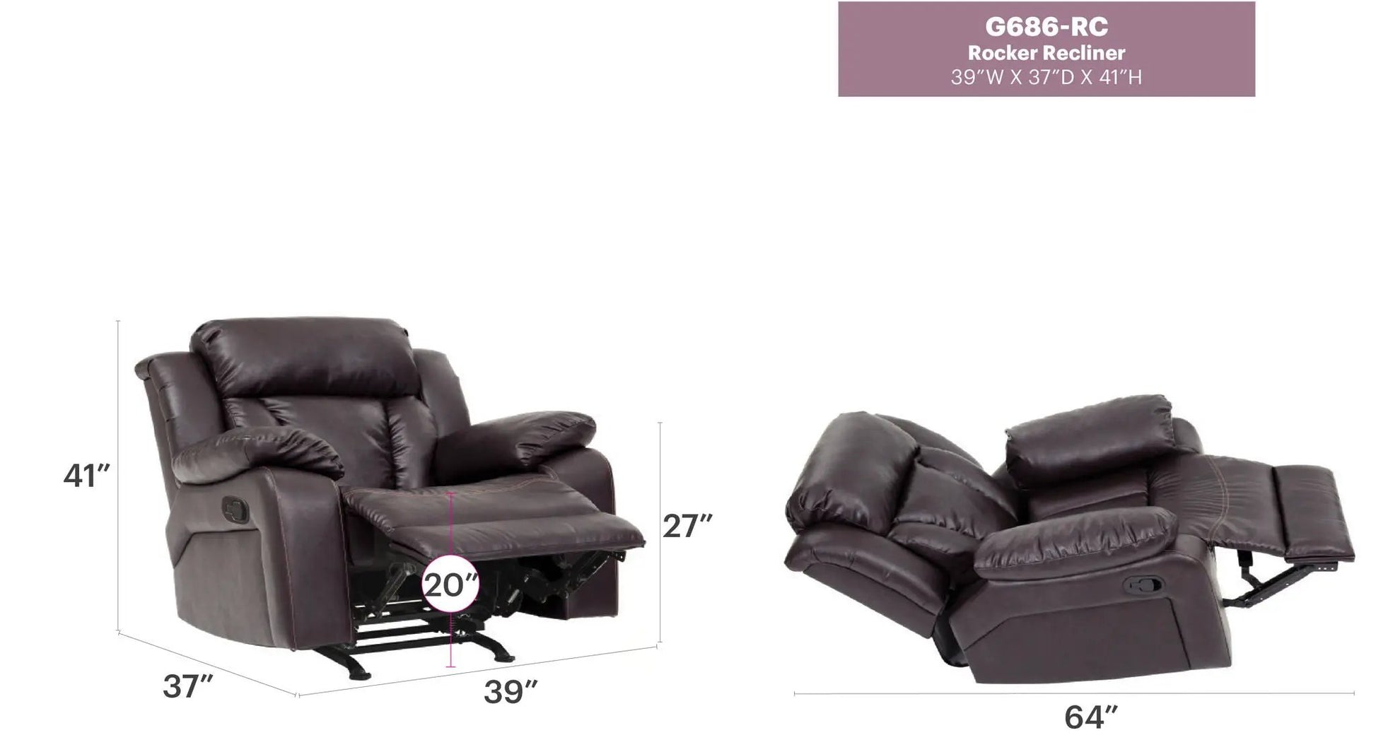 Comfortable Rocking Motion Recliner pair in brown leather; upright with footrest and reclined on Tampa Home & Garden Store