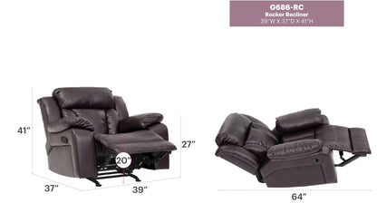 Comfortable Rocking Motion Recliner pair in brown leather; upright with footrest and reclined on Tampa Home & Garden Store