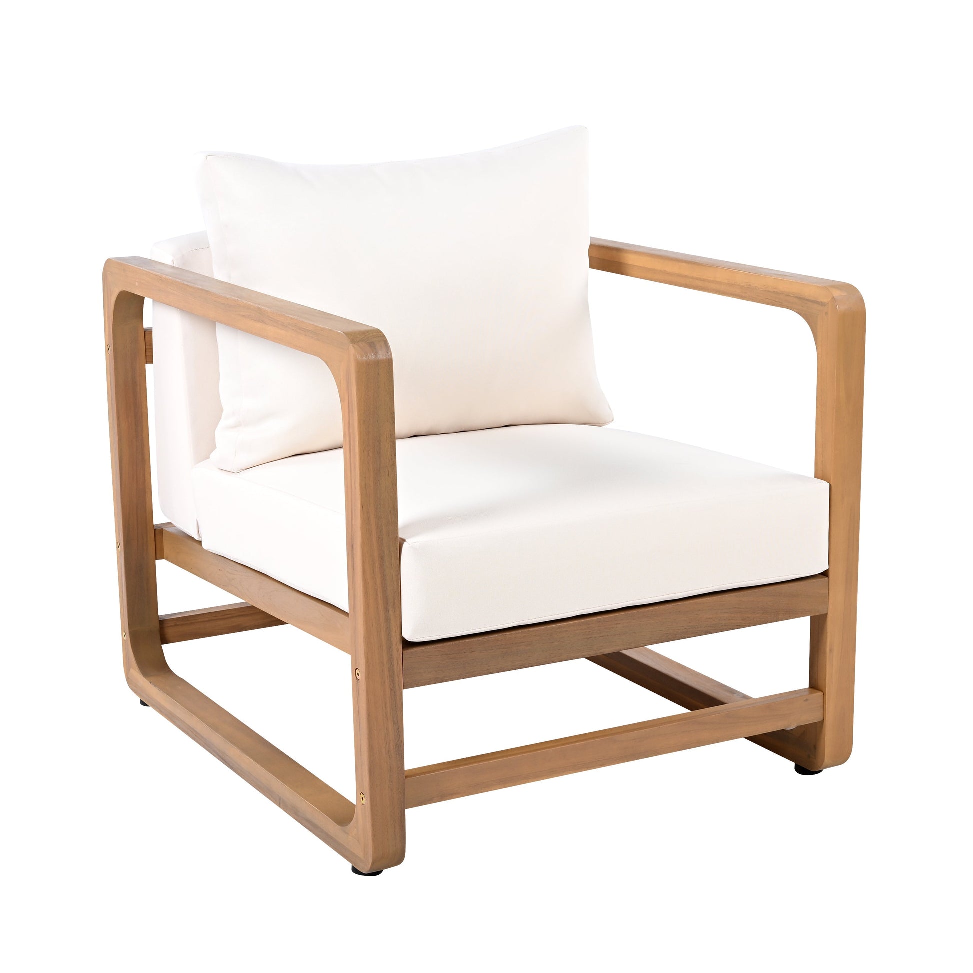 Acacia wood outdoor club chair with white cushion on Tampa Home & Garden Store