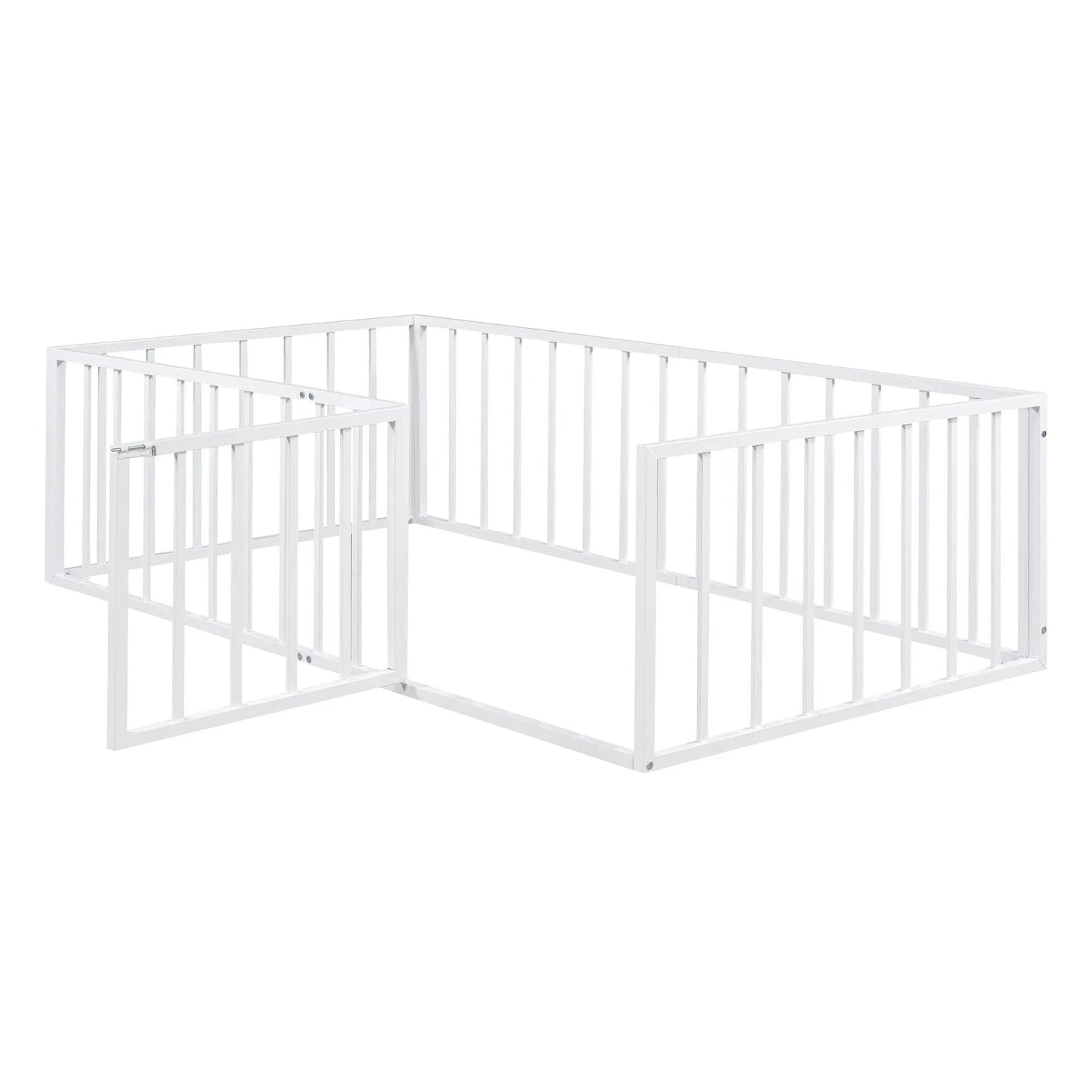 Metal floor bed frame with fence and door, white metal, panel-style design on Tampa Home & Garden Store