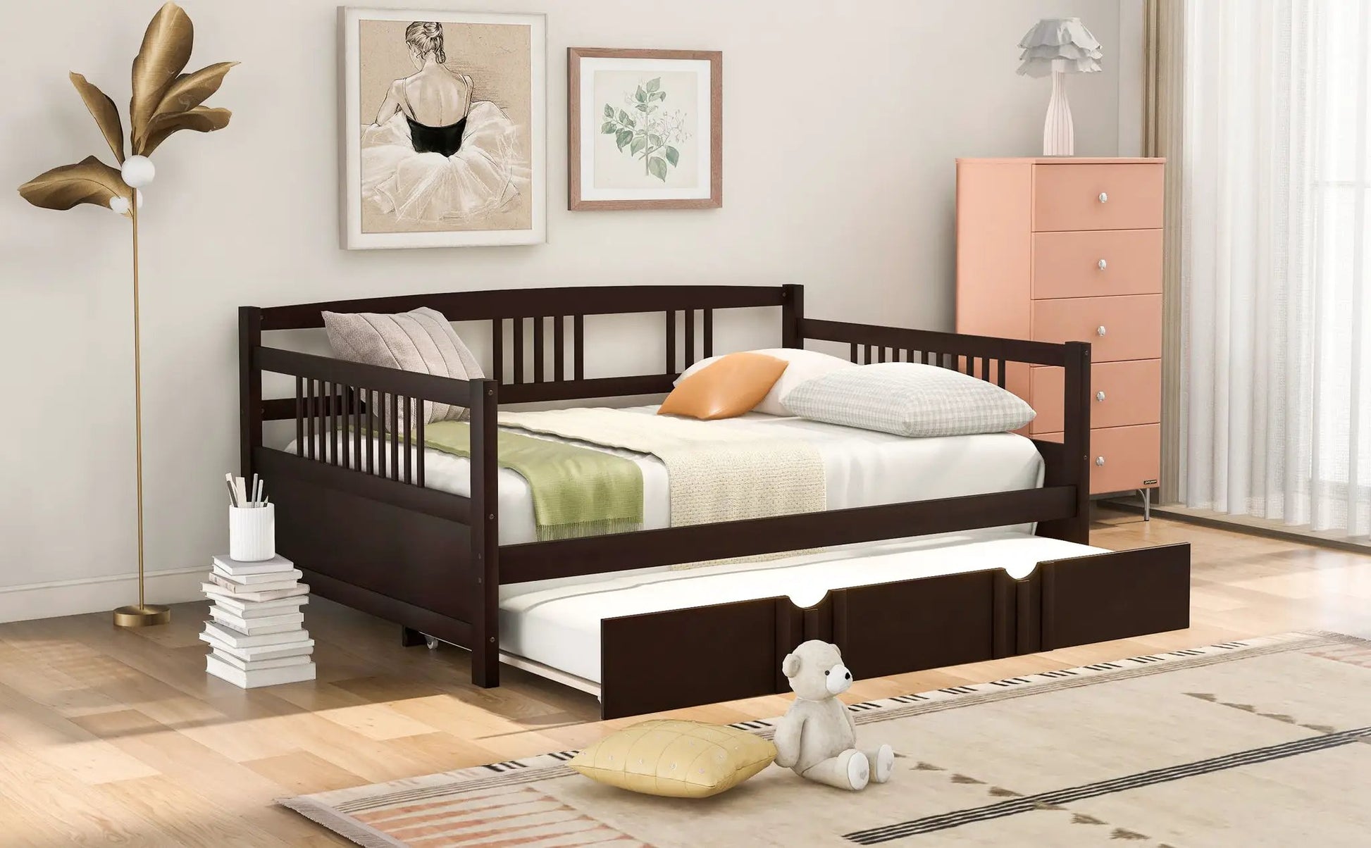 Multifunctional modern daybed in dark brown with storage trundle and beige bedding on Tampa Home & Garden Store