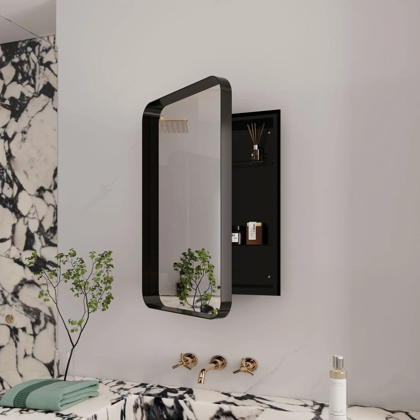 Medicine cabinet in black metal-framed with curved mirror and adjustable shelves by Unique Piece on Tampa Home & Garden Store