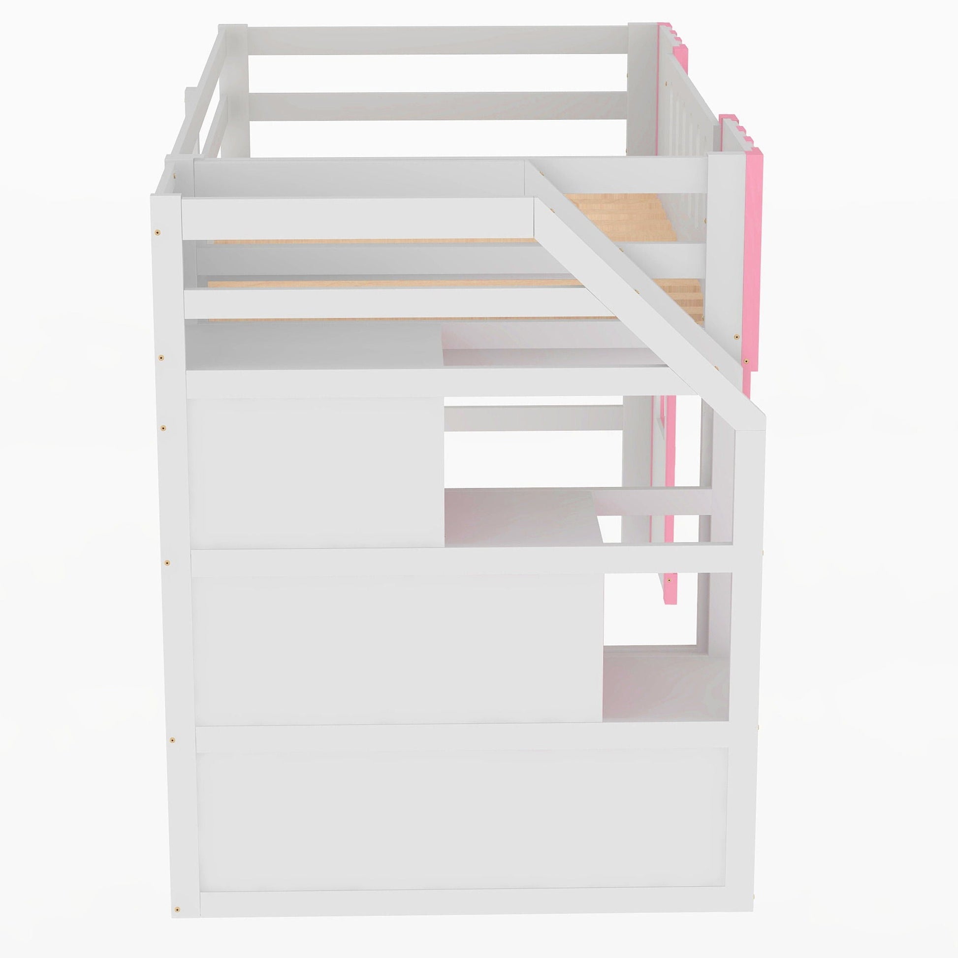 Loft bed with storage staircase and pink-trim windows, white wood frame by HouseOfZazla on Tampa Home & Garden Store