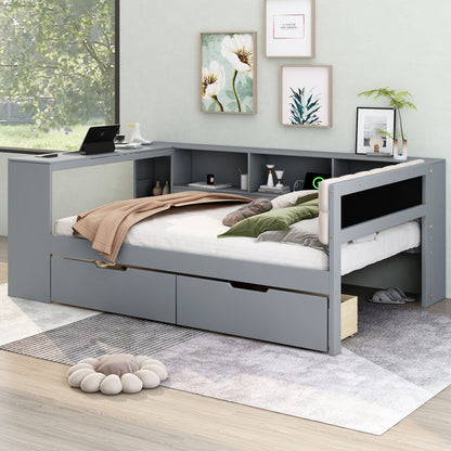 Upholstered gray storage platform bed with drawers and storage shelves on Tampa Home & Garden Store