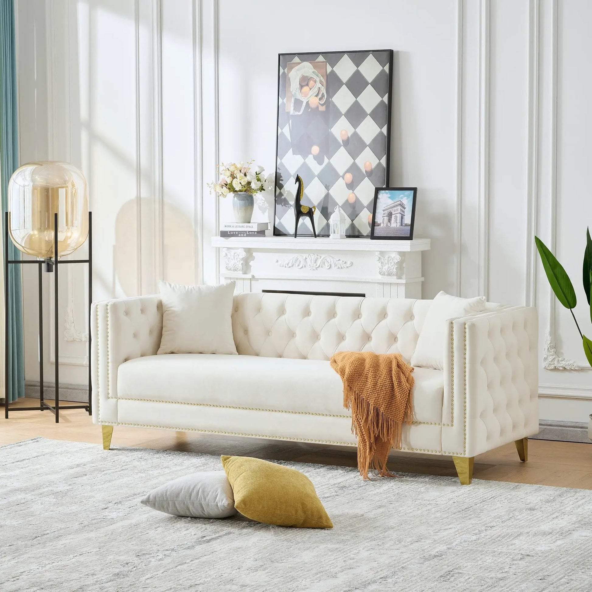 3 Seater Deep Seat Sofa with square arms in cream tufted fabric, nailhead trim, gold legs on Tampa Home & Garden Store