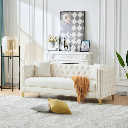 3 Seater Deep Seat Sofa with square arms in cream tufted fabric, nailhead trim, gold legs on Tampa Home & Garden Store