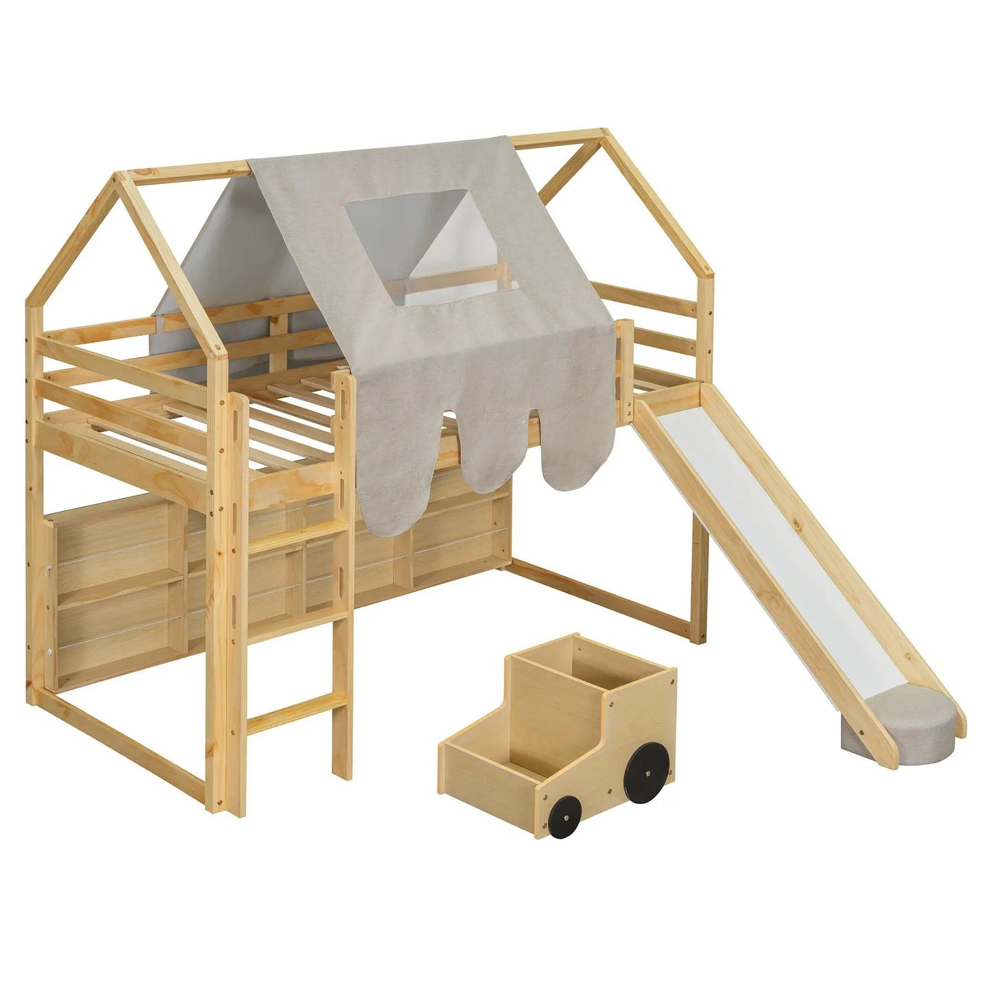 Loft Bed with House-Shaped Frame and Tent in natural pine with beige fabric tent and slide on Tampa Home & Garden Store