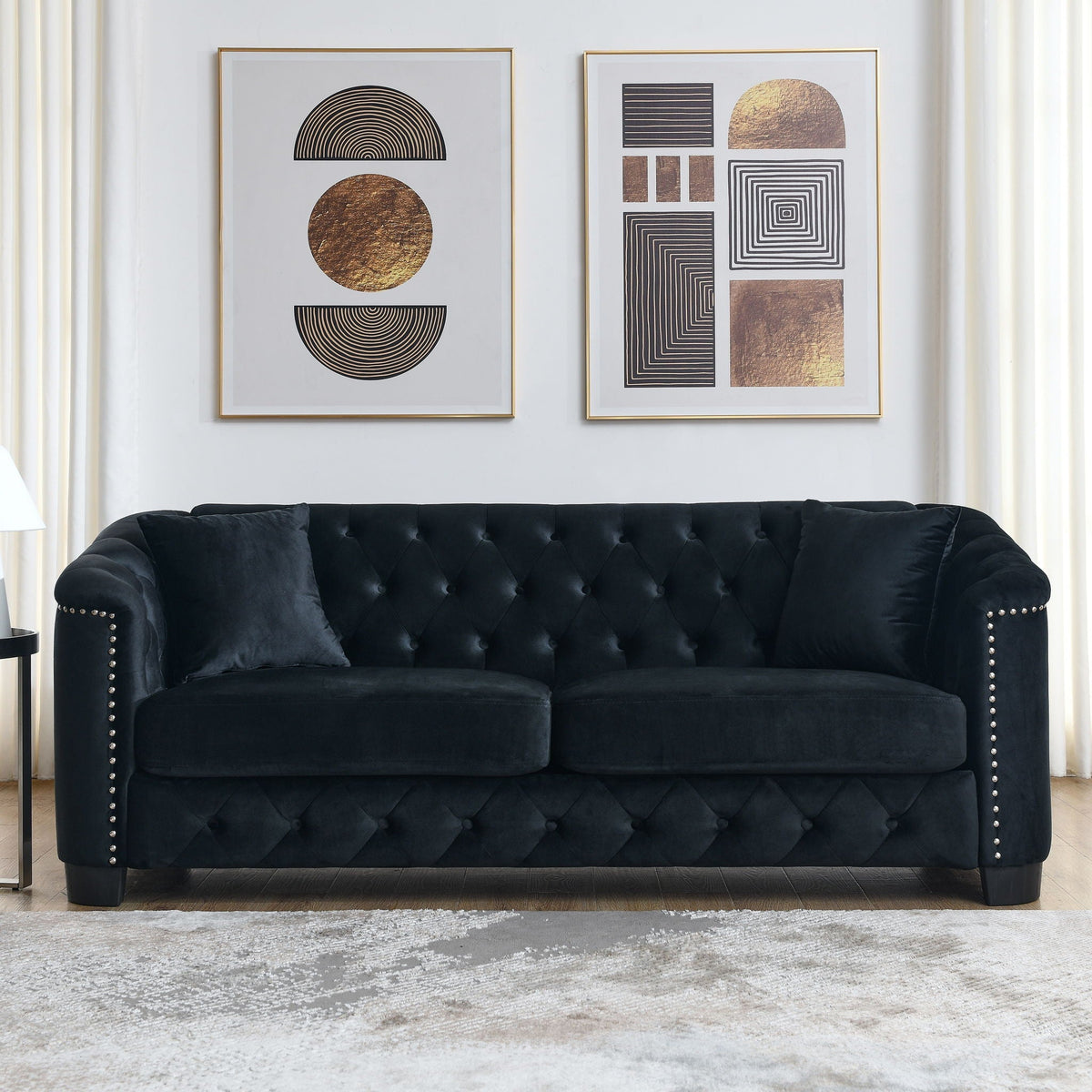 Modern Chesterfield sofa by HouseOfZazla, black velvet with tufted back and nailhead trim on Tampa Home & Garden Store