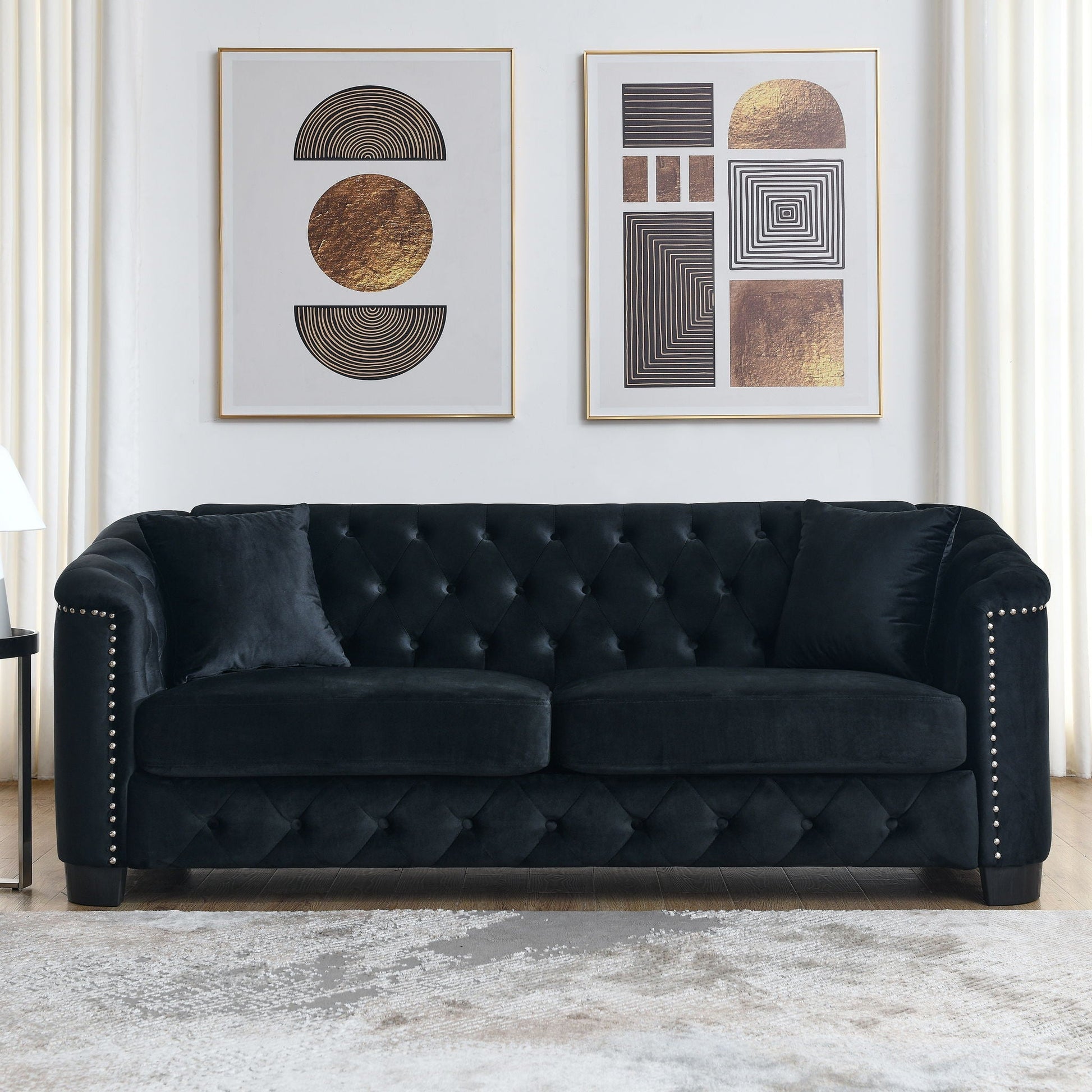 Modern Chesterfield sofa by HouseOfZazla, black velvet with tufted back and nailhead trim on Tampa Home & Garden Store