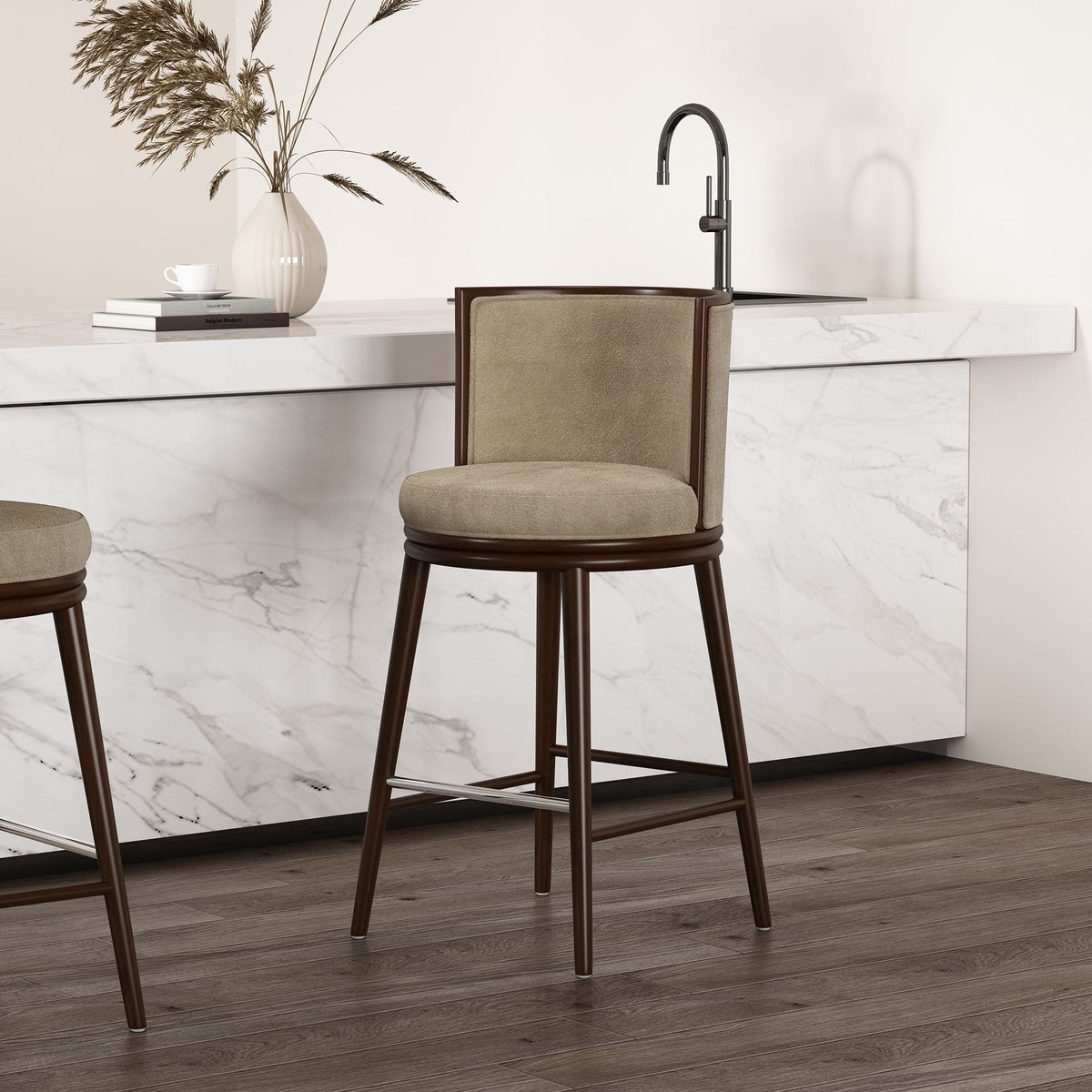 Evalyn Barstool, bar-height 28–30 in, brown wood frame with beige upholstery, HouseOfZazla on Tampa Home & Garden Store