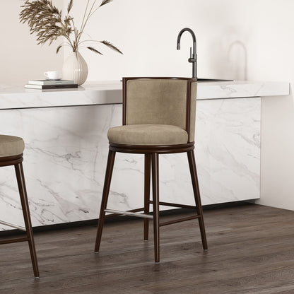 Evalyn Barstool, bar-height 28–30 in, brown wood frame with beige upholstery, HouseOfZazla on Tampa Home & Garden Store
