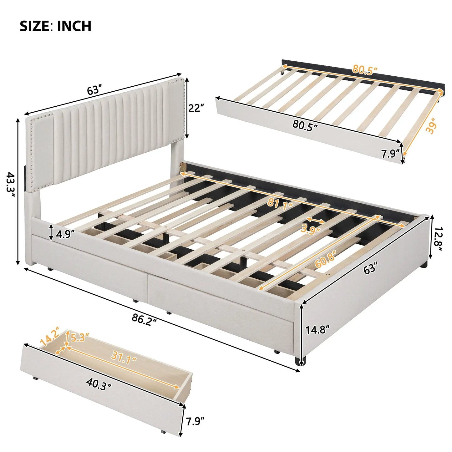 Upholstered Platform Bed With Drawers Headboard