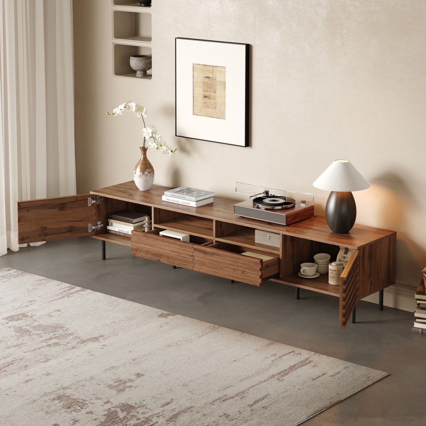 TV Stand Walnut by HouseOfZazla with open cubbies and closed storage on Tampa Home & Garden Store