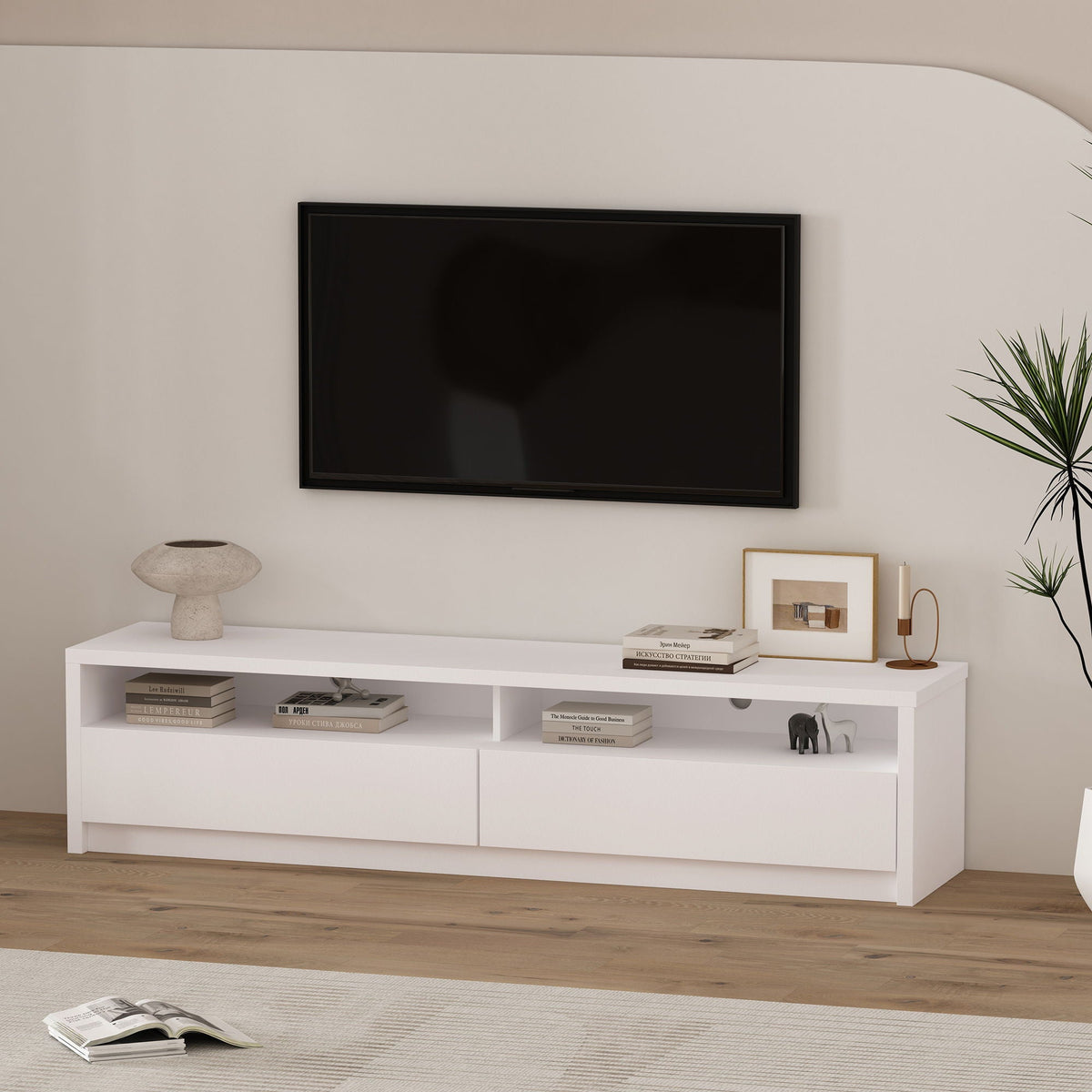 Modern 70in TV stand white with full-extension drawers, HouseOfZazla shelving unit on Tampa Home & Garden Store
