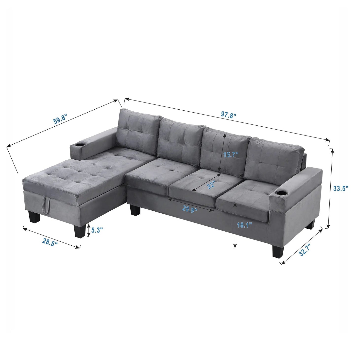 Stationary sectional sofa in gray fabric with L-shaped chaise and built-in storage on Tampa Home & Garden Store
