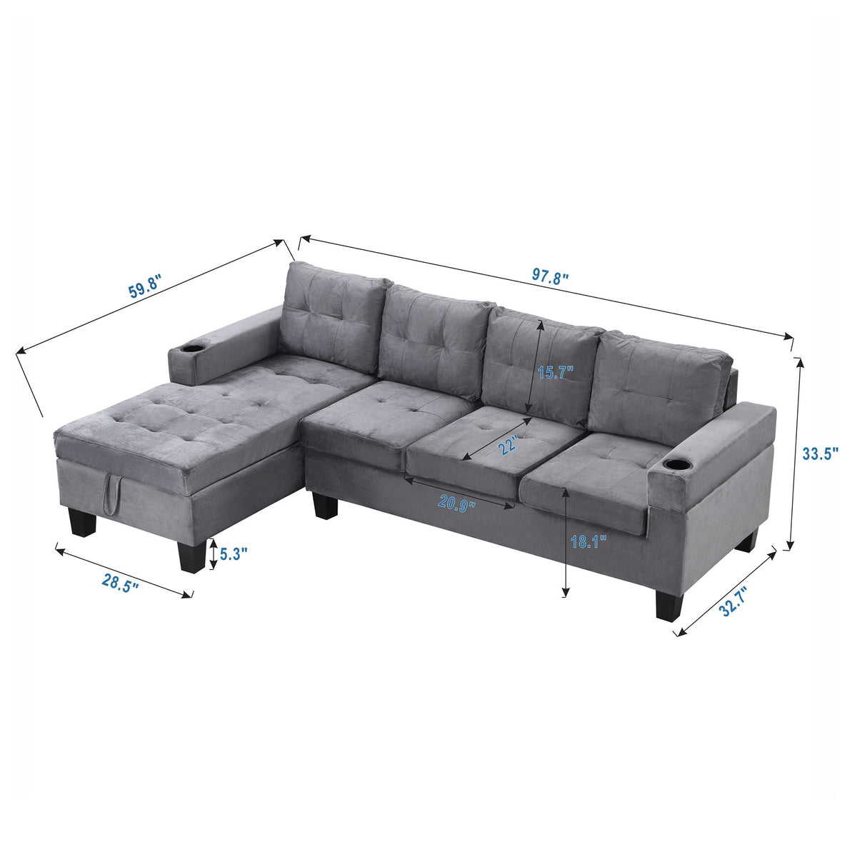 Stationary grey fabric sectional sofa with L-shaped chaise and storage by HouseOfZazla on Tampa Home & Garden Store