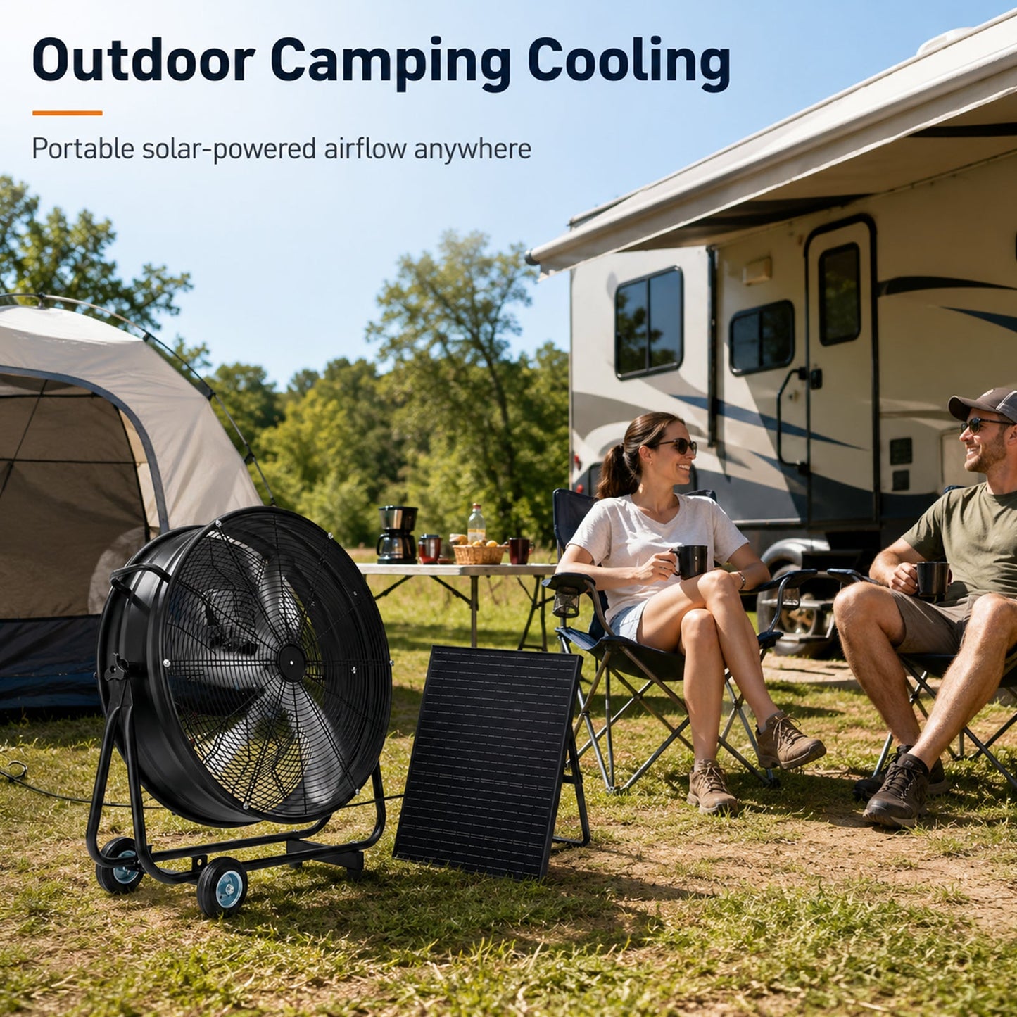 HouseOfZazla 30in wheeled solar fan with 140W monocrystalline panel beside camping setup on Tampa Home & Garden Store